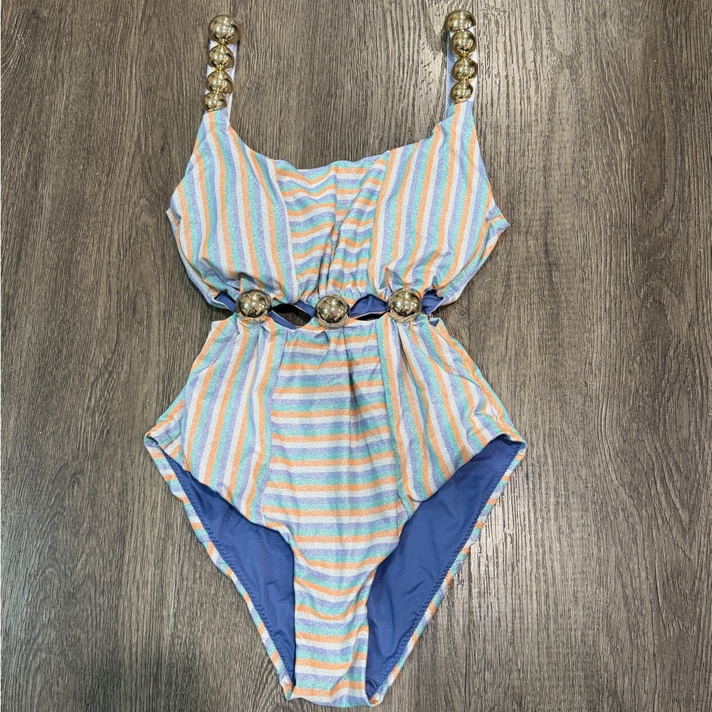 Lily & Rose Striped One-Piece Swimsuit with Gold Accents